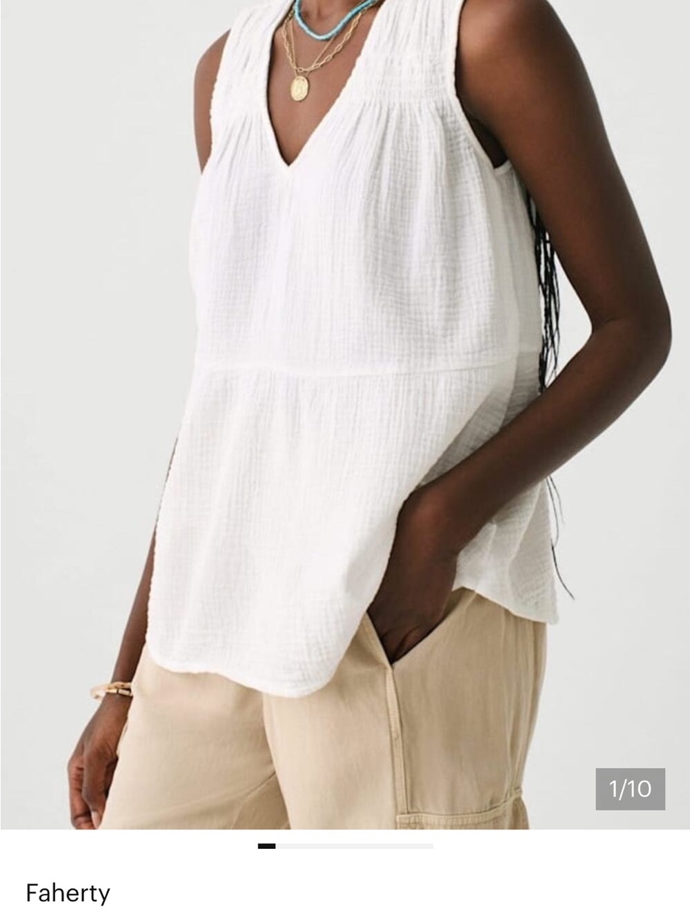 Faherty Ainsley White Textured V-Neck Sleeveless Top